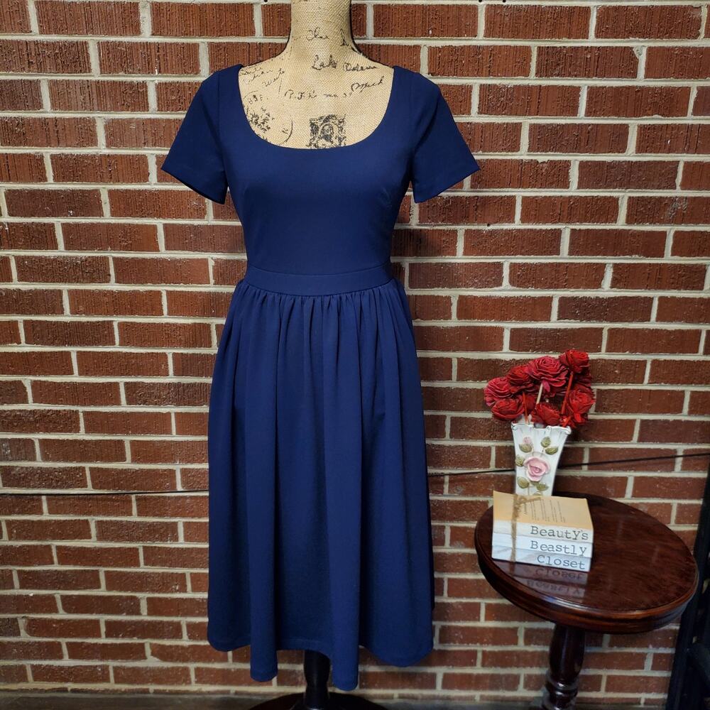 Gal Meets Glam Dress Navy Annie Crepe Fit Flare Short Sleeve Pocket Midi Dress 2
